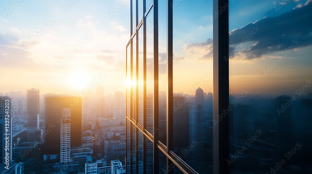 Poster breathtaking sunset view from a skyscraper reflecting golden rays over a city skyline : generative a
