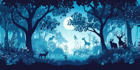 Fototapeta premium A beautiful illustration of a forest scene with deer and moon