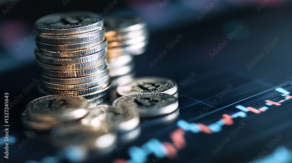 Aufkleber closeup of coin stacks on graph background illustrating financial growth and investment : generative