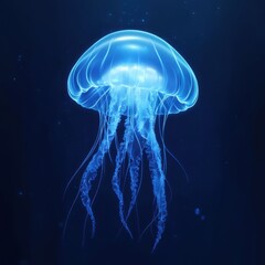 A luminous blue jellyfish floats peacefully within the dark ocean depths