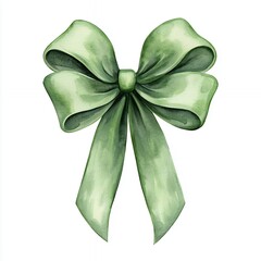 Sage Green Watercolor Ribbon Bow on White Background