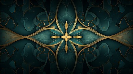 Elegant Symmetry: A captivating, symmetrical pattern in a mesmerizing display of teal and gold, where the artful interplay of lines and textures exudes luxury and sophistication.