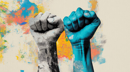 Two hands clenched into a fist for advertising, feminine power. Art collage digital pop modern art