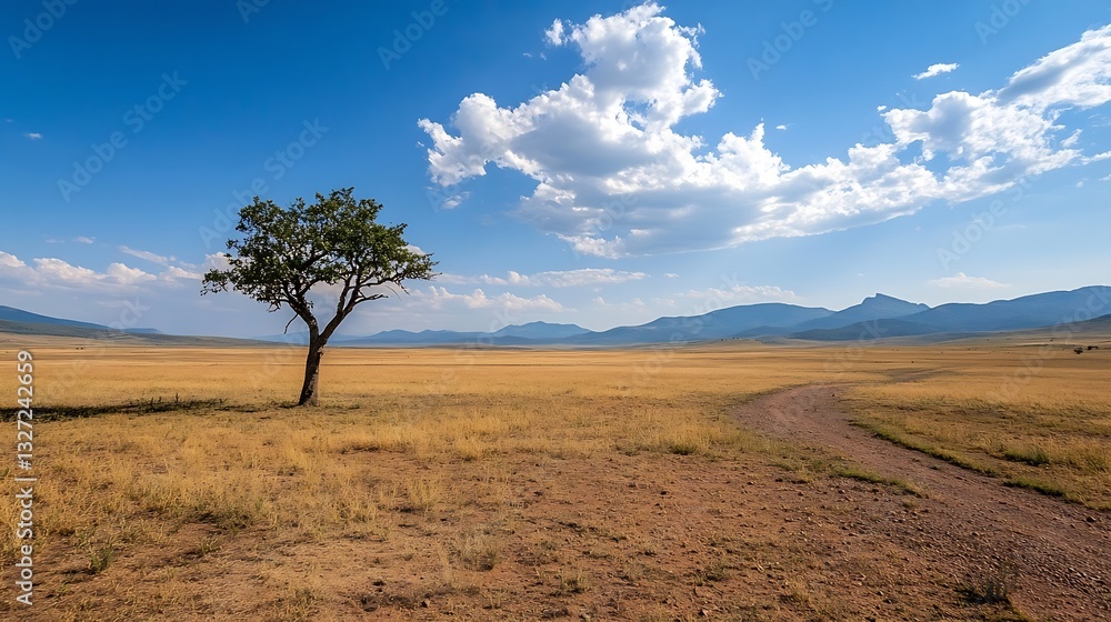 Poster lonely tree on a vast golden grassland under clear blue skies illuminated by bright sunlight : gener