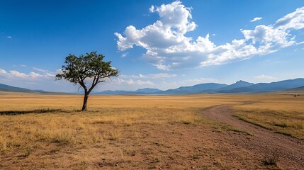 Fototapeta premium Lonely Tree on a Vast Golden Grassland Under Clear Blue Skies Illuminated by Bright Sunlight : Generative AI