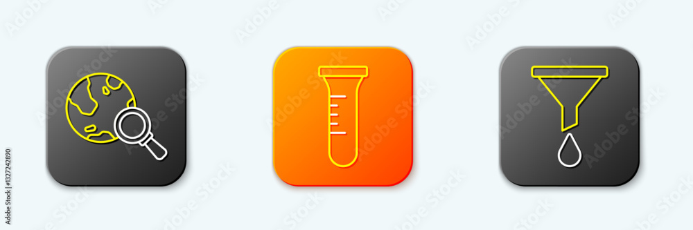 Aufkleber set line magnifying glass with globe, test tube and flask and funnel or filter icon. vector