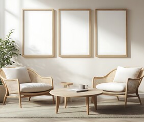 Empty Wooden Frames on Wall in Bright and Minimalist Interior