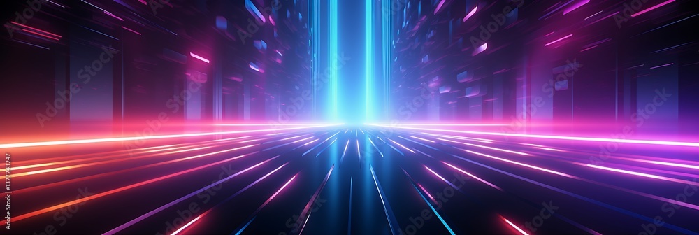 Poster technological corridor: a dynamic, futuristic tunnel rendered in neon lights, showcasing the vibrant