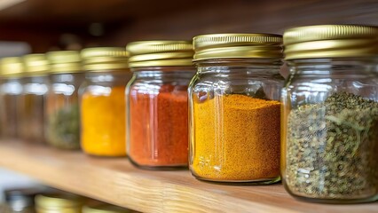 A row of glass jars filled with various spices and herbs, each with a golden lid, displayed on a wooden shelf. Concept Glass Jars Display, Spices & Herbs, Golden Lids, Wooden Shelf Decor