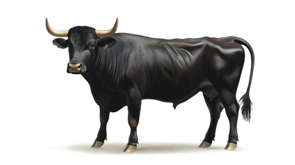 Black bull standing, isolated white background, agriculture