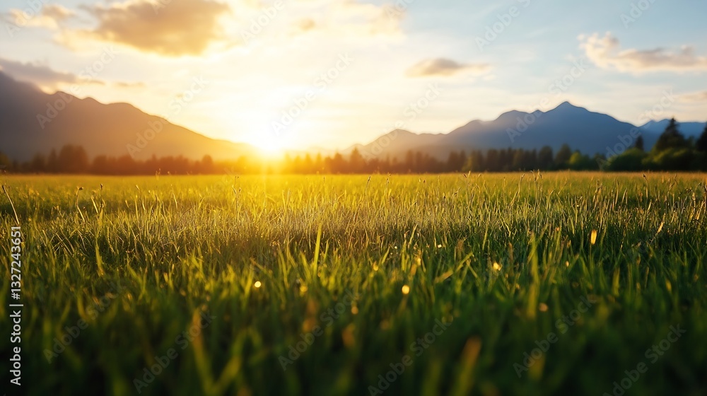 Poster sun setting over a sunlit meadow with lush green grass and majestic mountains in the distance : gene