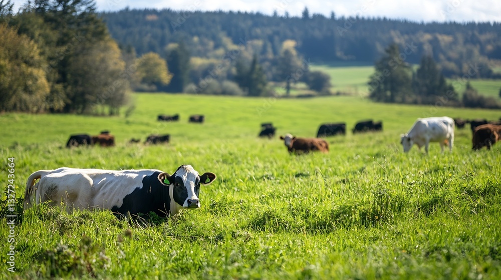 Poster peaceful view of a green pasture with grazing cows under a bright blue sky and distant trees : gener