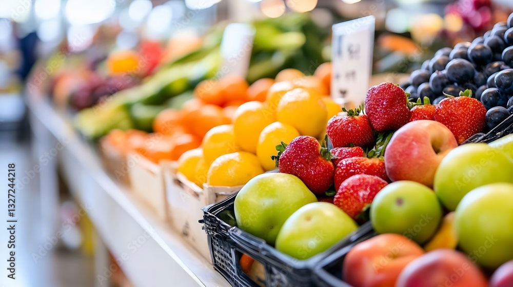 Poster colorful selection of fruits displayed at a market emphasizing freshness and healthful eating choice