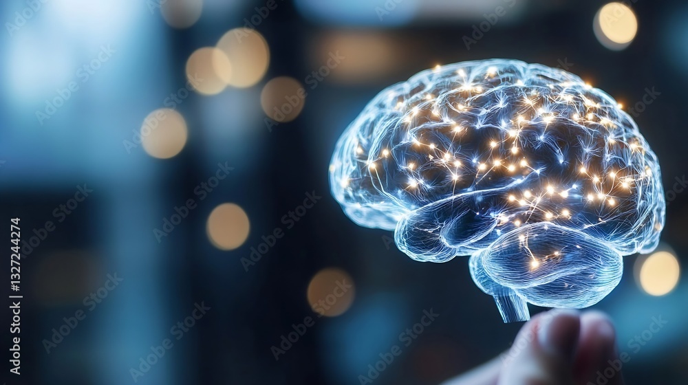Aufkleber Hand holding a glowing digital brain illustration with interconnected elements representing intelligence and innovation : Generative AI