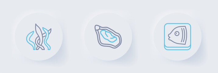 Set line Fish head, Mussel and Seaweed icon. Vector