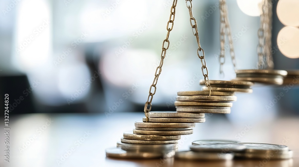 Poster modern scales of justice with stacked coins on top symbolizing financial balance and fairness : gene
