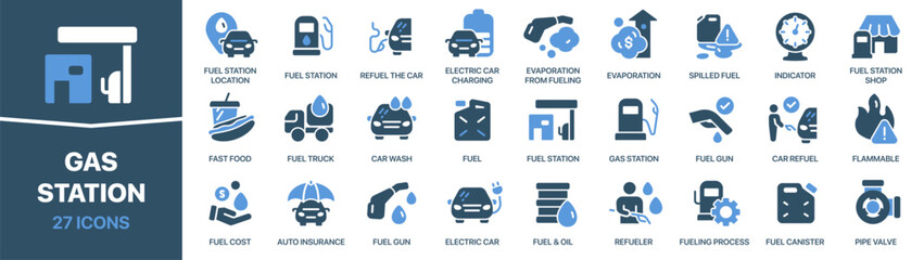 Gas station colored signed icon collection. Fuel, car refuel, fuel gun, canister icons. UI icon set. Colored icons pack. Vector illustration
