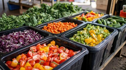 Obraz premium A vibrant display of fresh vegetables in baskets, showcasing a variety of colors and types, highlighting the beauty of healthy produce.