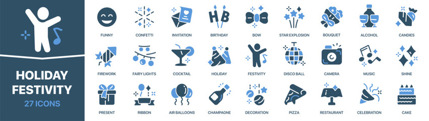 Holiday and festivity colored signed icon collection. Funny, birthday, music, celebration, present icons. UI icon set. Colored icons pack. Vector illustration