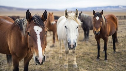 Group of friendly horses standing together in a vivid green meadow showcasing their beauty and strength in nature : Generative AI