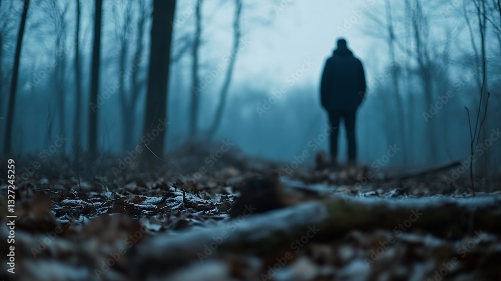 Aufkleber Silhouette of a person standing in a foggy forest surrounded by leafless trees : Generative AI