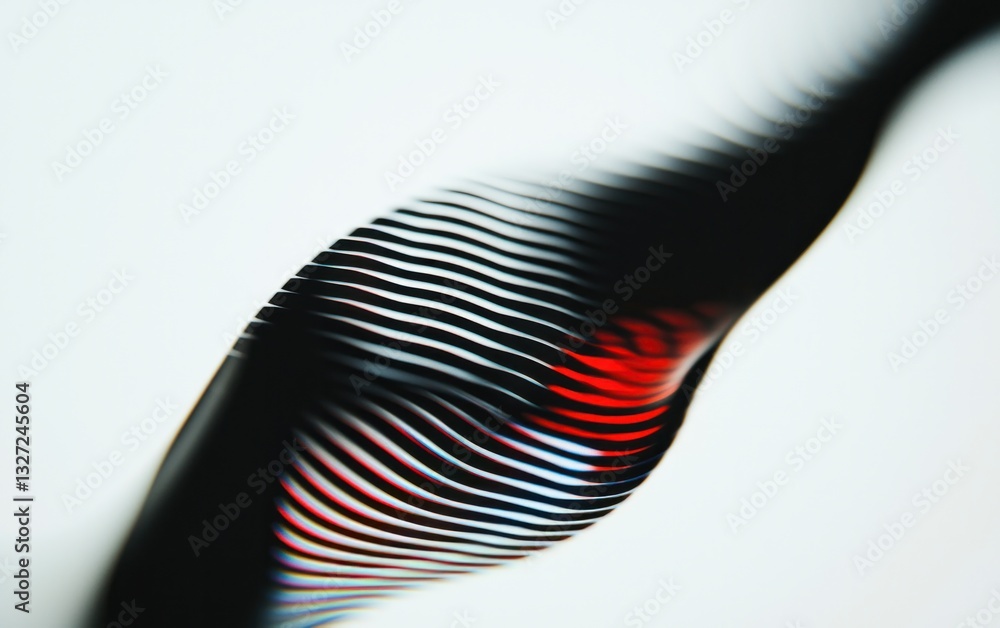 Poster abstract close-up of a warped, black and white striped object with a red accent against a bright whi