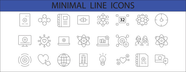 24 minimal line icons featuring data, technology, science, user interaction, and analytics concepts. Perfect for UI,UX, web design, apps, and infographics.