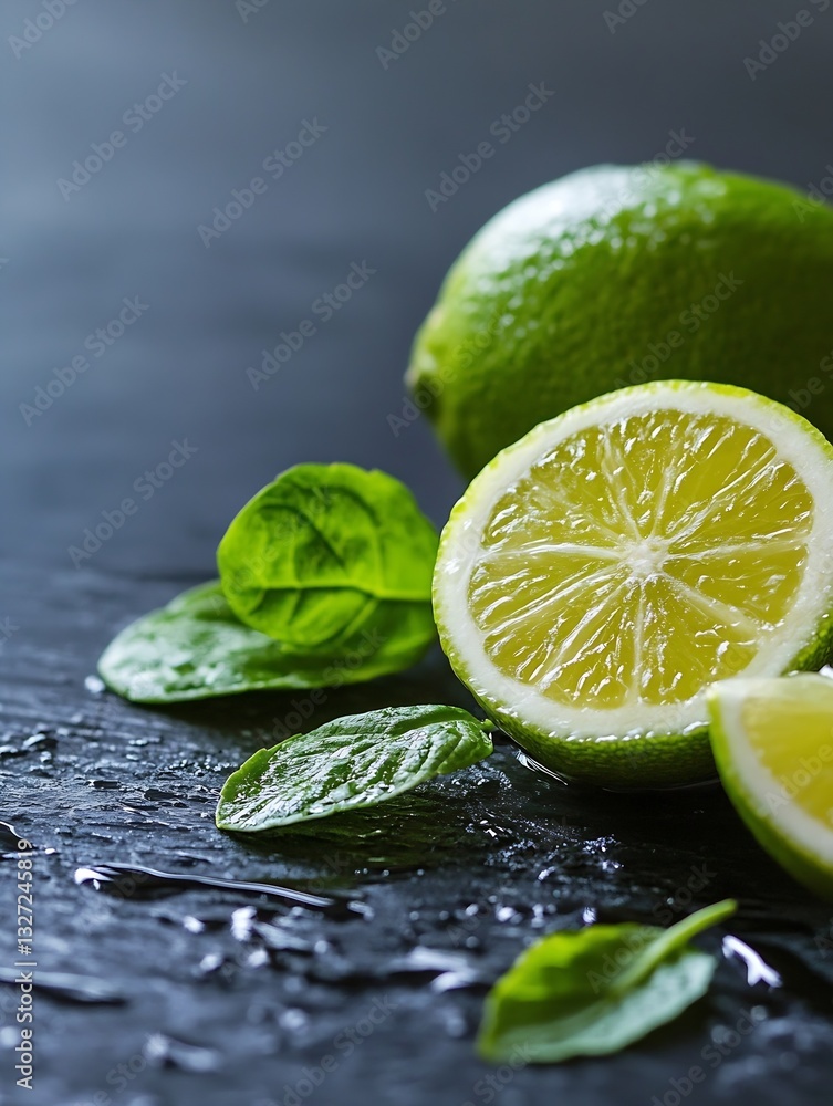 Aufkleber fresh limes sliced in half among green leaves on a dark textured background : generative ai