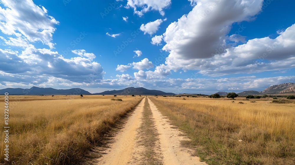 Poster wide open landscapes with dramatic clouds roaming over a dusty road in the countryside : generative 