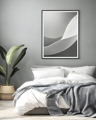 Modern White Poster Mockup Frame on Bedroom Wall with Decor