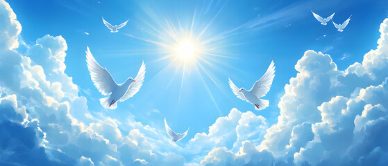 Doves soar, sunlit sky, cloudscape. Peaceful scene