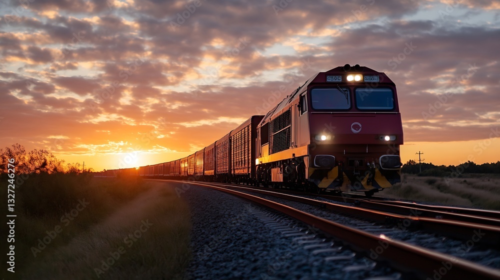 Poster dynamic sunset view of a train traveling along the tracks creating an iconic silhouette : generative