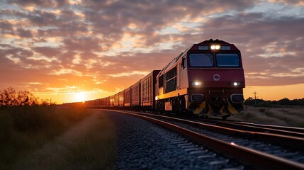 Dynamic sunset view of a train traveling along the tracks creating an iconic silhouette : Generative AI