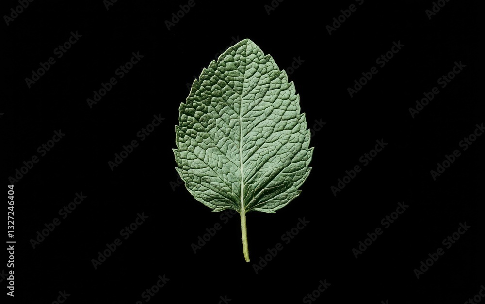 Poster close-up view of a single, green leaf with visible texture and veins, isolated on a black background