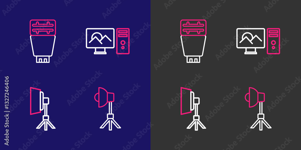 Poster set line softbox light, photo retouching and camera flash icon. vector