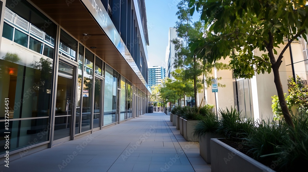 Poster Modern urban pathway with stylish architecture and lush greenery creating a peaceful atmosphere : Generative AI