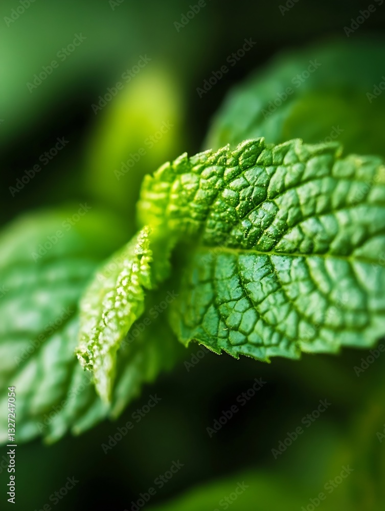 Poster fresh green mint leaves captured in a closeup view highlighting their vibrant color and natural text