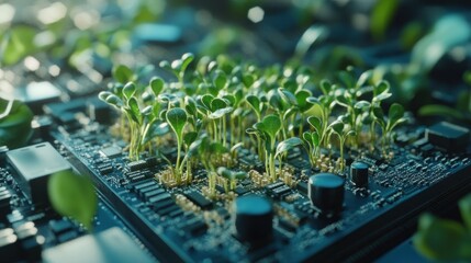 Emerging Life: Seedlings Sprouting on a Circuit Board Symbolizing Sustainable Tech