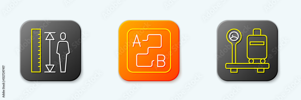 Aufkleber set line measuring height body, route location and scale with suitcase icon. vector