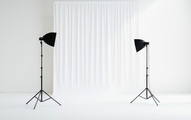 Studio photography setup with two black lights on tripods against a white backdrop. Clean, minimalist scene with bright lighting