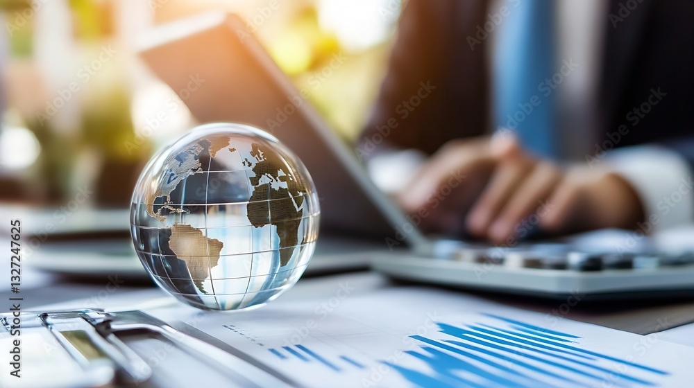 Poster Business executive working on a laptop with a globe and financial charts on the desk : Generative AI