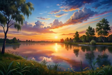 Serene Sunset Reflecting On A Tranquil Lake, Painting A Picturesque Scene Of Natures Peaceful Beauty In Vibrant Warm Hues