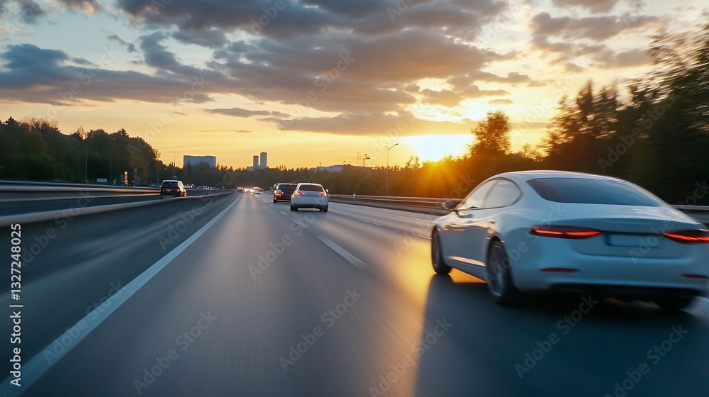 Aufkleber dynamic highway scene with cars moving fast under a dramatic sunset sky with clouds : generative ai