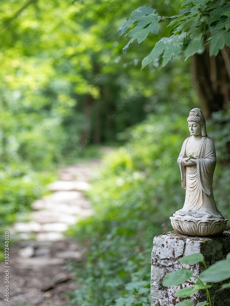 Poster elegant statue of a serene figure surrounded by lush green foliage on a tranquil pathway : generativ