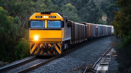 Obraz premium Vibrant freight train navigating through a scenic landscape with trees and mountains in the background : Generative AI