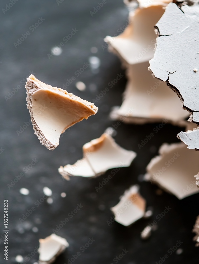 Leinwandbilder cracked and broken pieces of white ceramic on a textured dark surface creating a unique visual patte