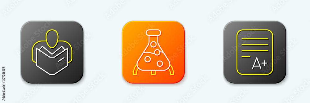 Aufkleber set line man reading book, test tube and flask and exam sheet with a plus grade icon. vector