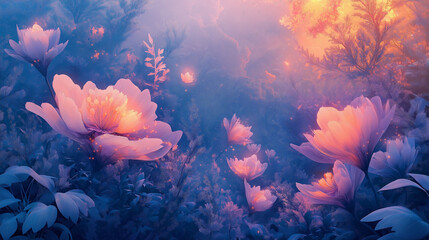 Dreamy Glowing Flowers in a Mystical Night Garden with Ethereal Lighting and Soft Fantasy Atmosphere

