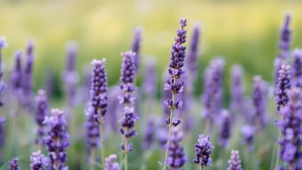 Naklejka premium Lavender flowers blooming in a field creating a relaxing atmosphere