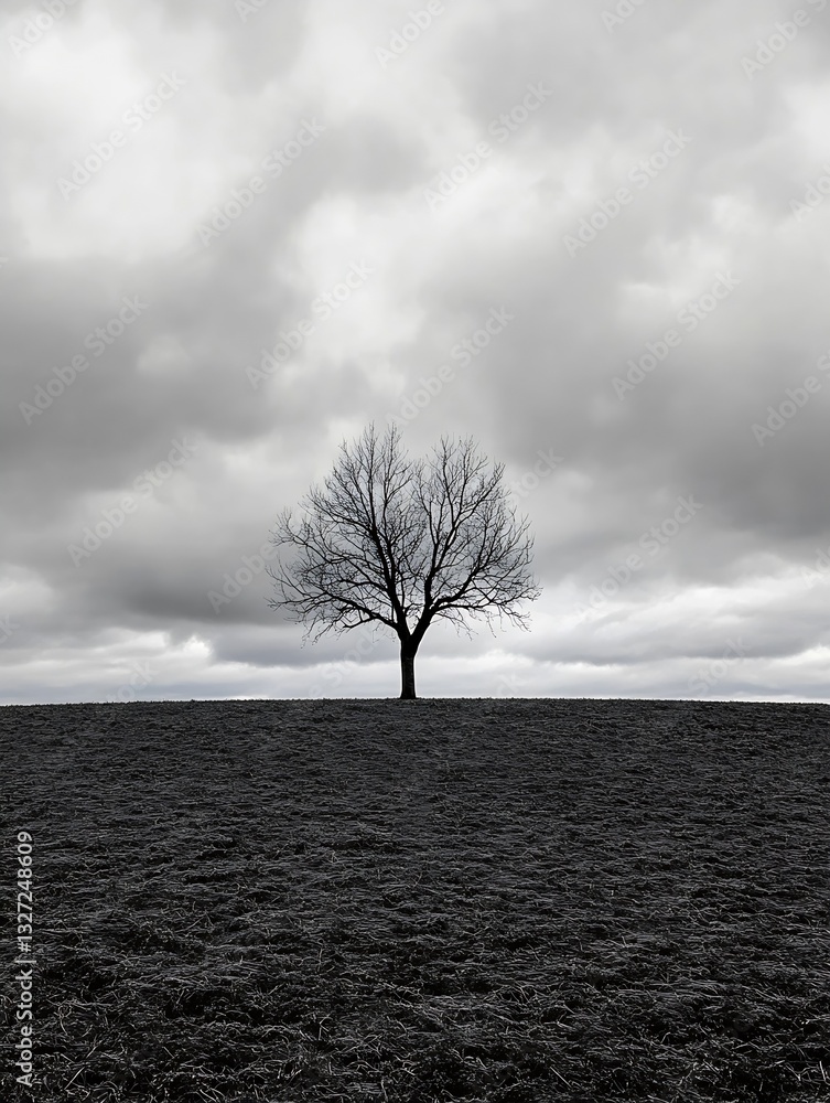 Poster lonely tree silhouetted against a dramatic cloudy sky on a black and white background : generative a